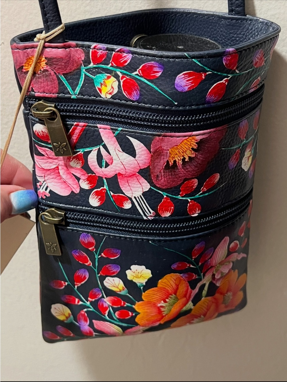 Floral Crossbody Bag - Black with Multicolor Flower Print hand painted Anuschka